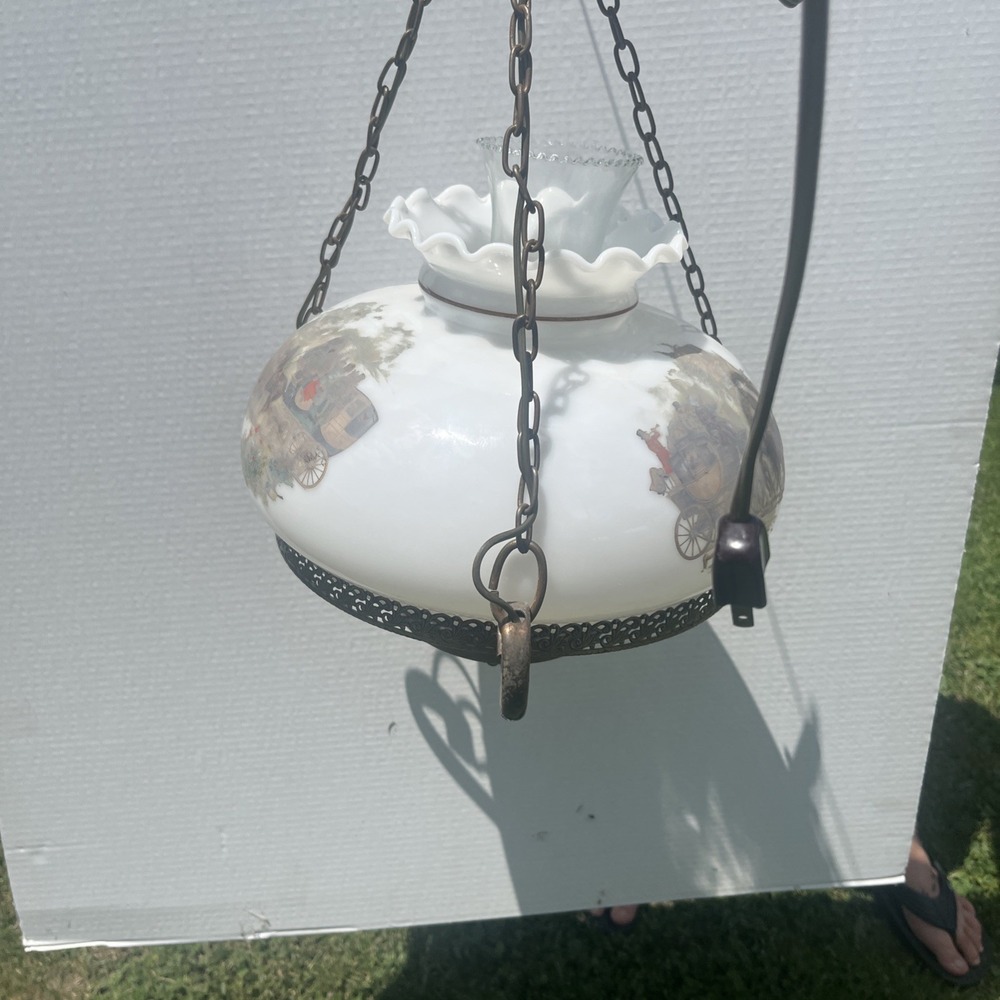 Vtg Aladdin Electric Milk Glass Library Hanging Lamp Chandelier 10" Stagecoach - Picture 9 of 16